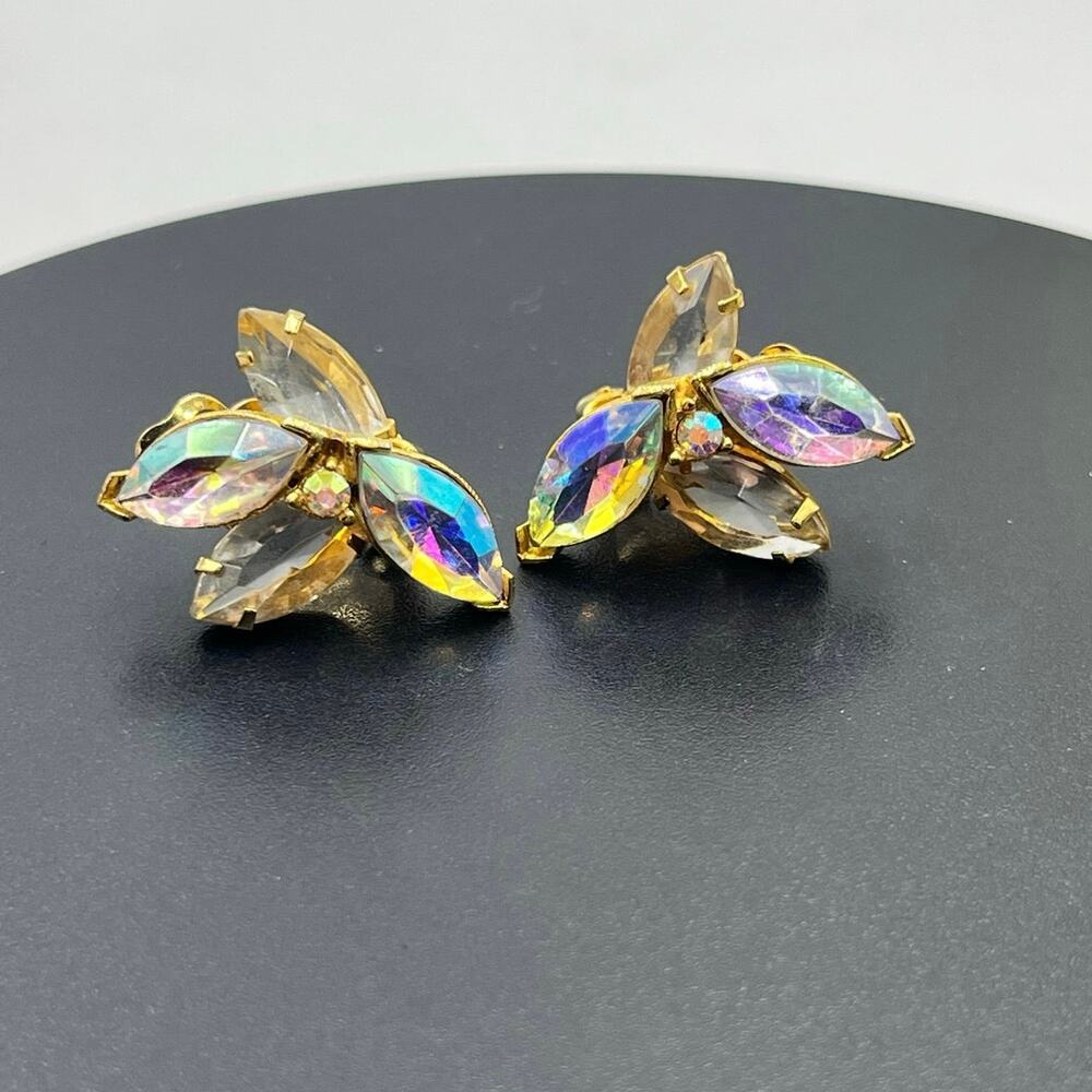 Marquise Round Crystals Yellow AB leaf Floral Cluster gold-tone‎ Clip Earrings